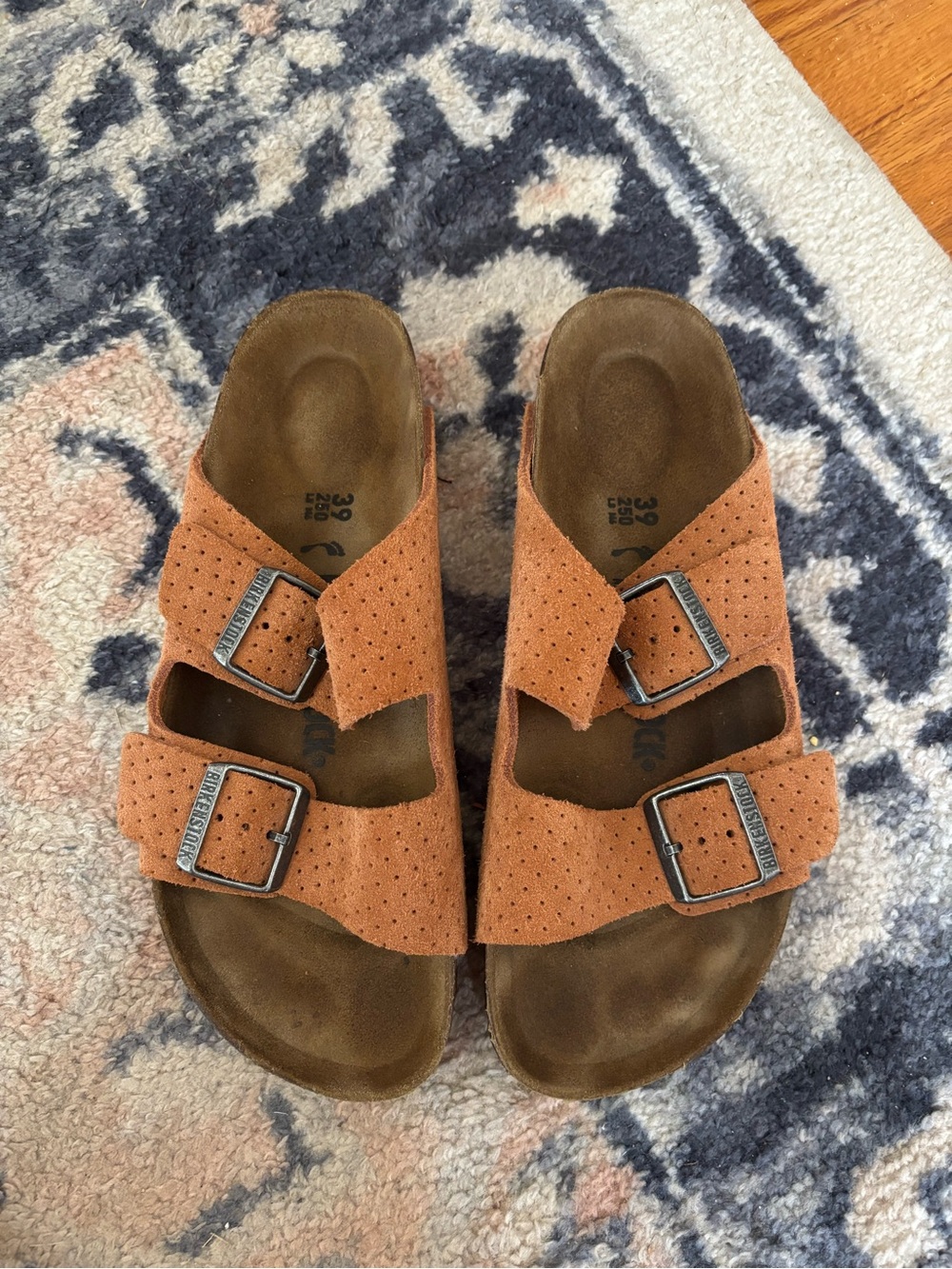 Birkenstock Women's Double Buckle Perforated Suede Sandals in Rust Orange